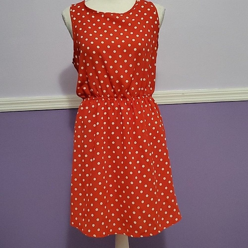 Peach Love Dark Orange Polka Dots Retro 60s Sleeveless Fit & Flare Mini Dress M